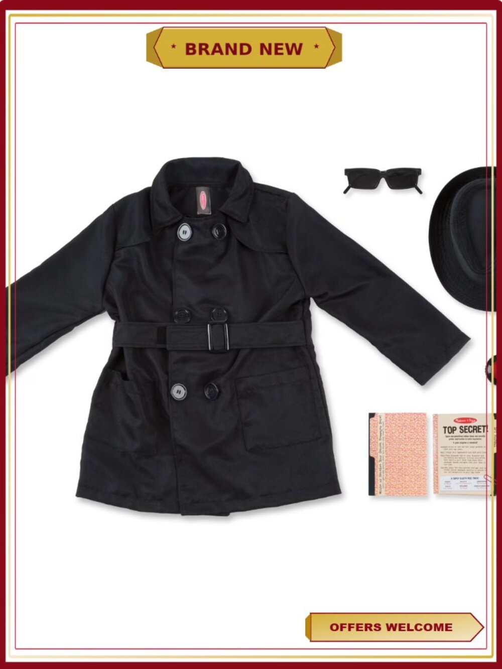 Spy Costume Role Play Set Trench Coat Fedora Hat Decoder Lens Ages 5-8